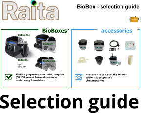 BioBox - selection guide  info BioBox M      BioBox greywater filter units, long life (50-100 years), low maintenance costs, easy to maintain.  accessories to adapt the BioBox system to property’s circumstances. BioBox Slim BioBoxes accessories SK100 SK250 KK600 BioBox XL   75/h -  600 l/ 24h 50l/h -  400 l/ 24h 50l/h -  400 l/ 24h BioBox XL+   125/h -  750 l/ 24h  info Selection guide